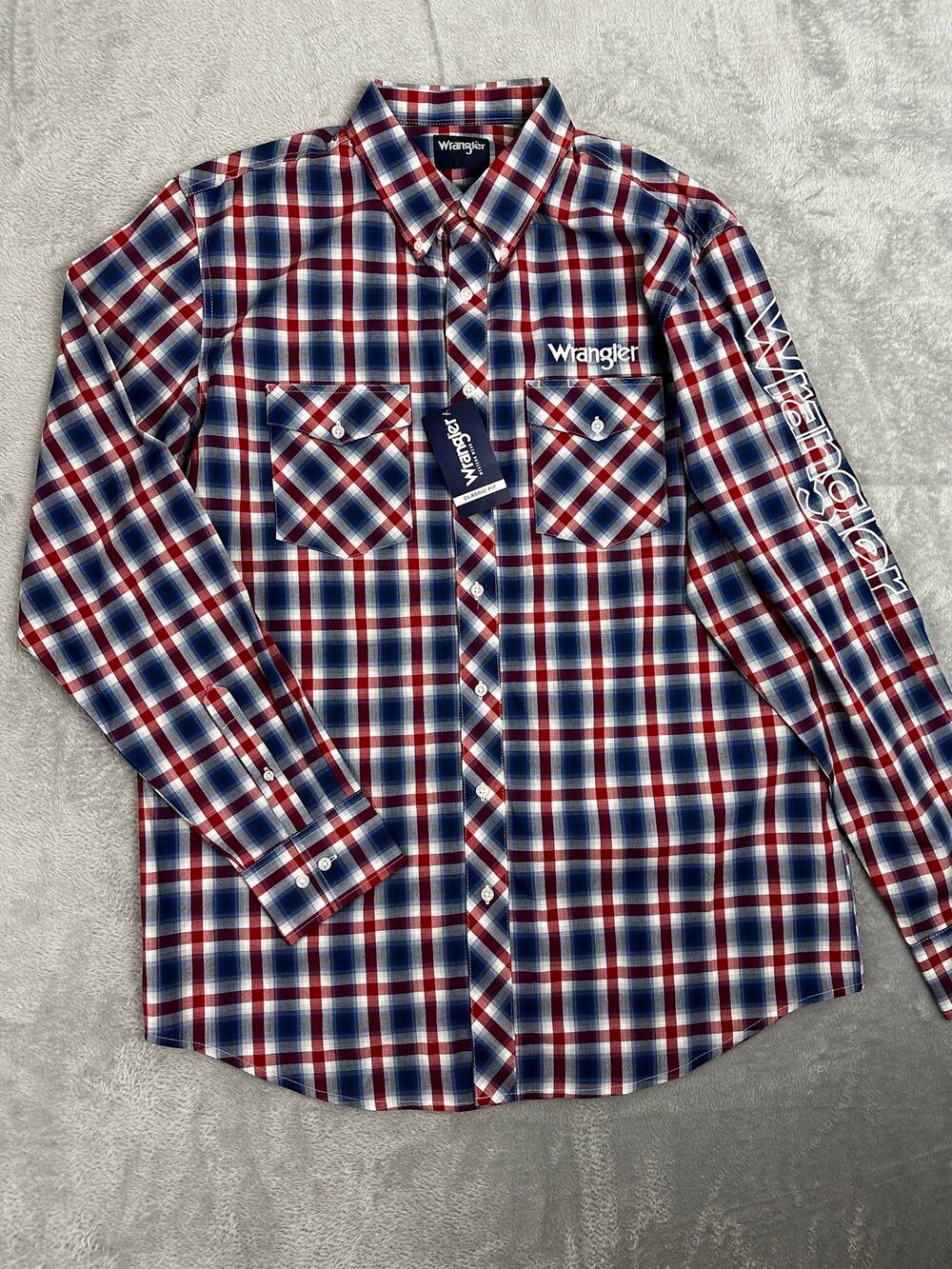 Wrangler Logo Long Sleeve Button Down Plaid‎ Shirt XLT Embroidered Western NWT
